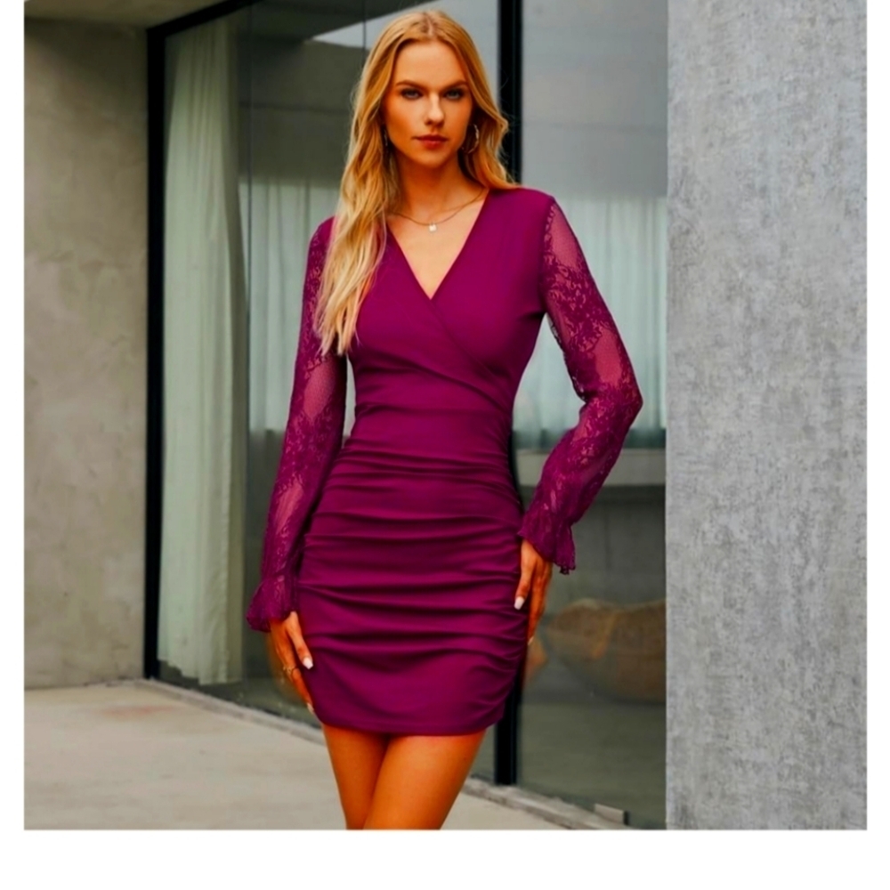 Elegant Purple Lace Sleeve Dress